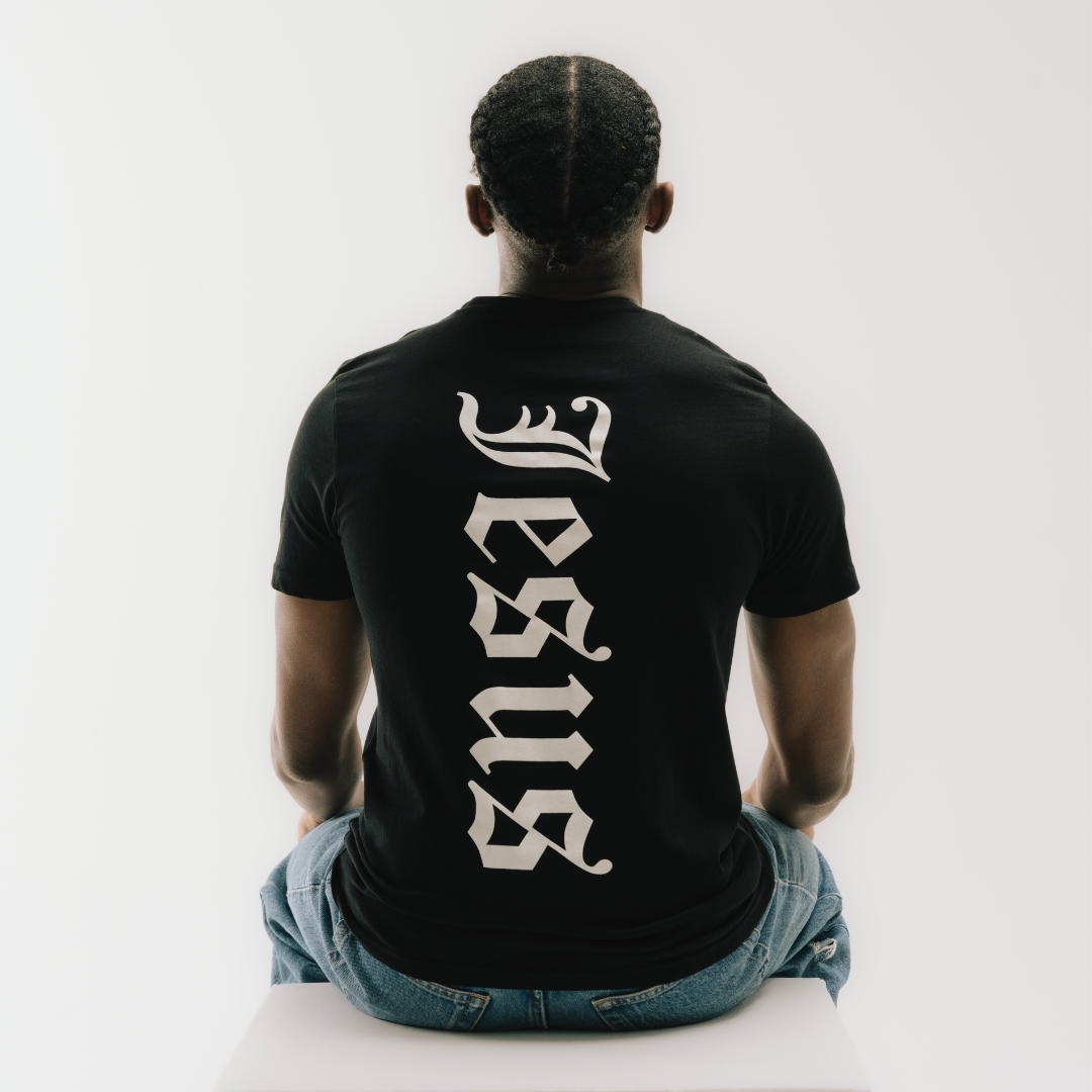 Men's short sleeve crew neck Jesus T-shirt in Black with White print