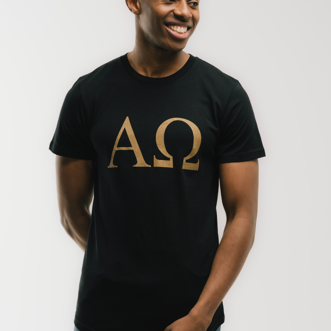 Alpha Omega Curved Hem t-shirt Black and Gold
