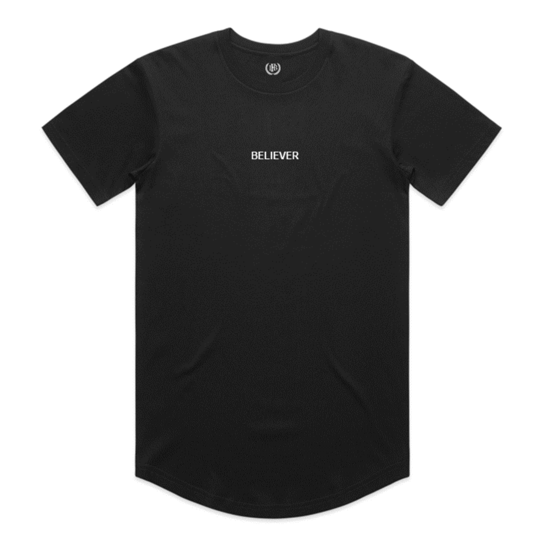 Believer curved hem t-shirt black front view