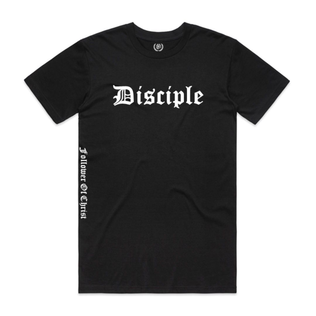 Disciple crew neck t-shirt black with white text front view