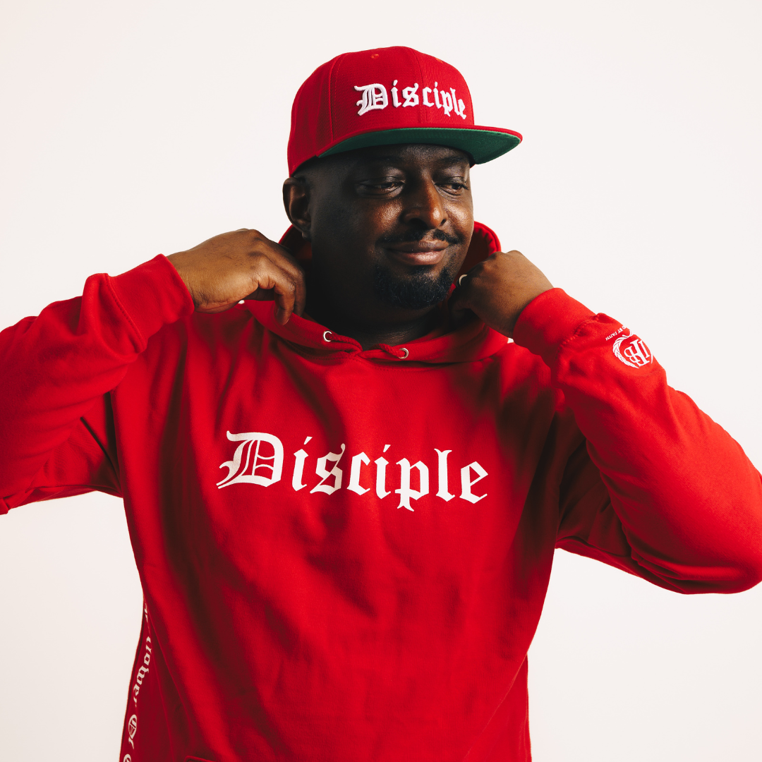 Disciple hoodie fire red close up