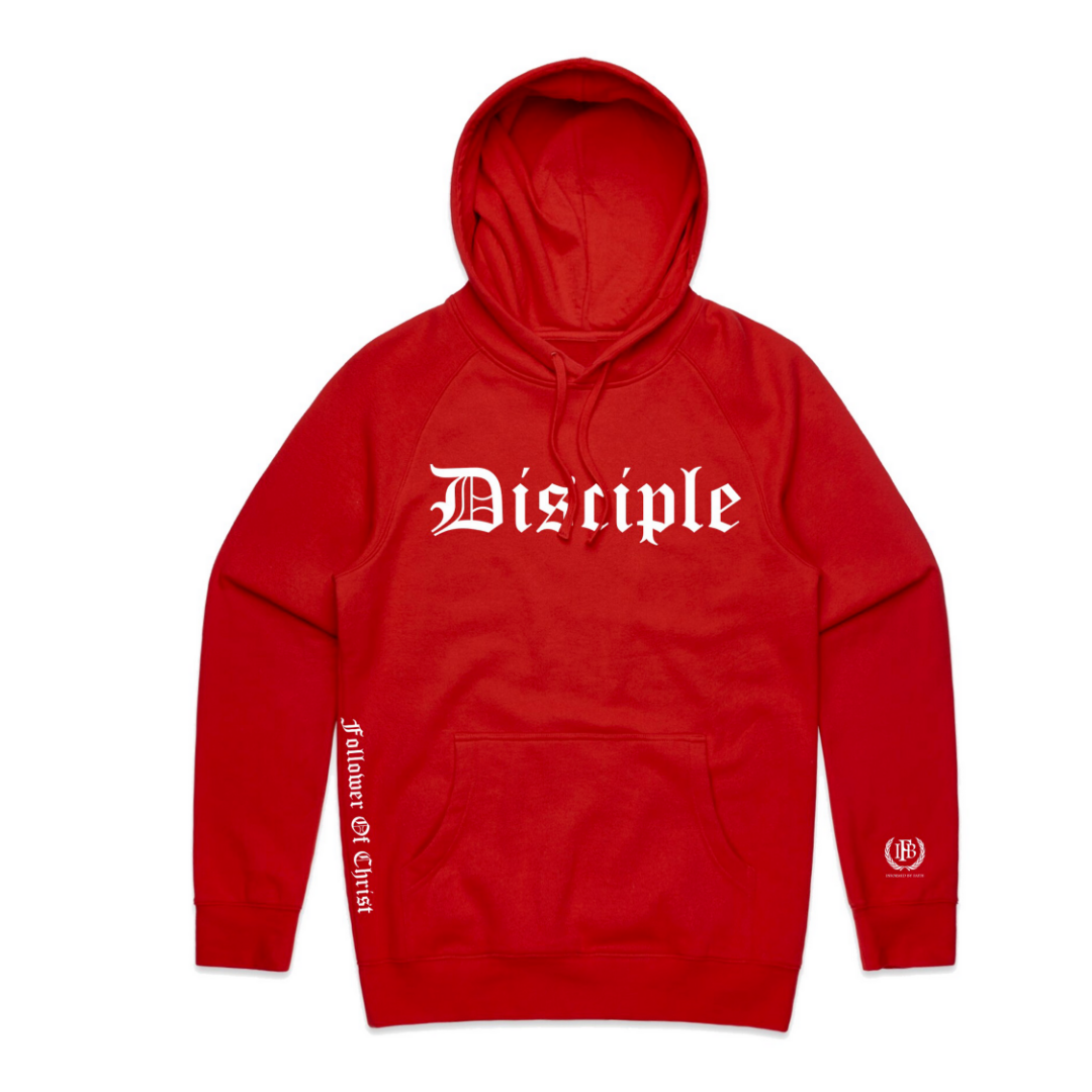 Disciple hoodie fire red front view