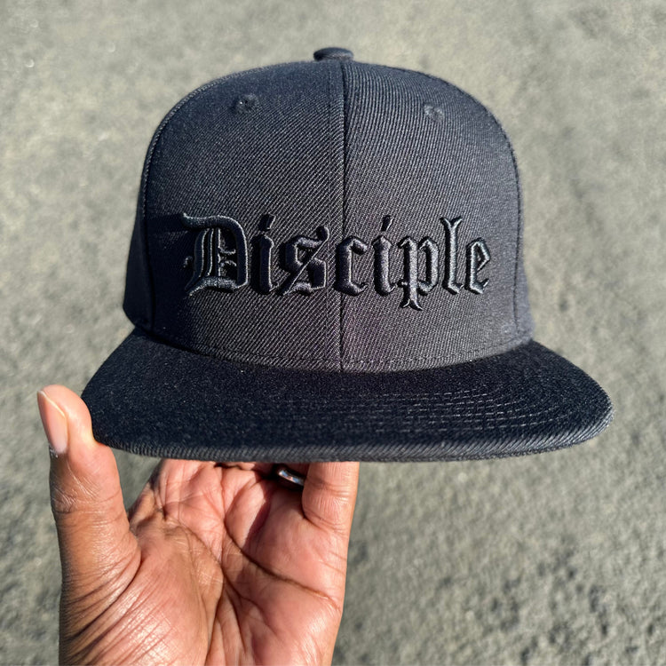 Disciple SnapBack Hat Black with Black Lettering 