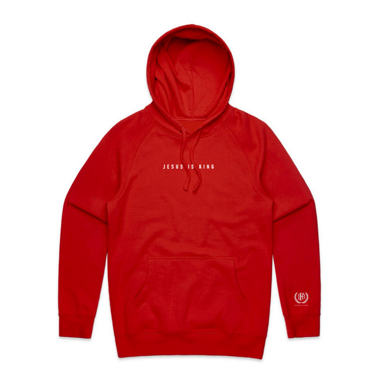 Jesus Is King (Declaration) hoodie fire red with white text front view