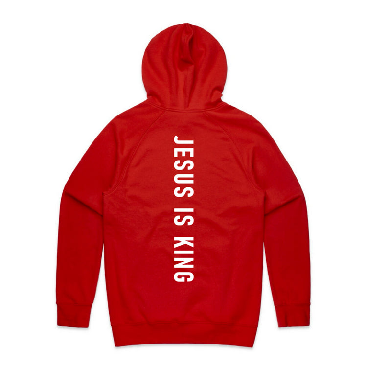 Jesus Is King (Declaration) hoodie fire red with white text back view
