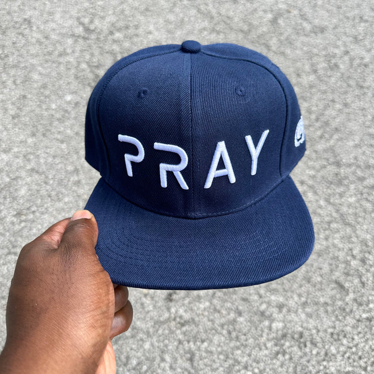 Men's Pray SnapBack Hat Navy Blue with white 3D embroidery front view
