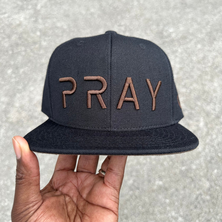 Pray SnapBack Hat Black with Mocha Lettering 
