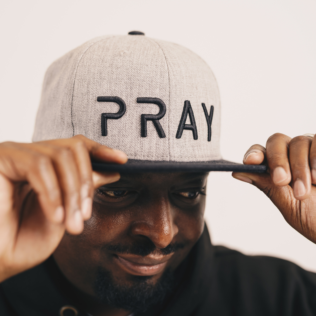 PRAY SnapBack Hat/Gray with Black. Contrast colour hat, black visor, and black top button. focused view