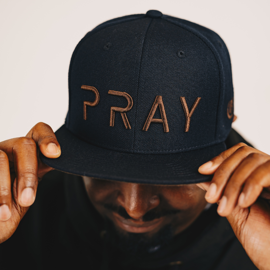 Pray SnapBack Hat Black with Mocha Lettering Focused View