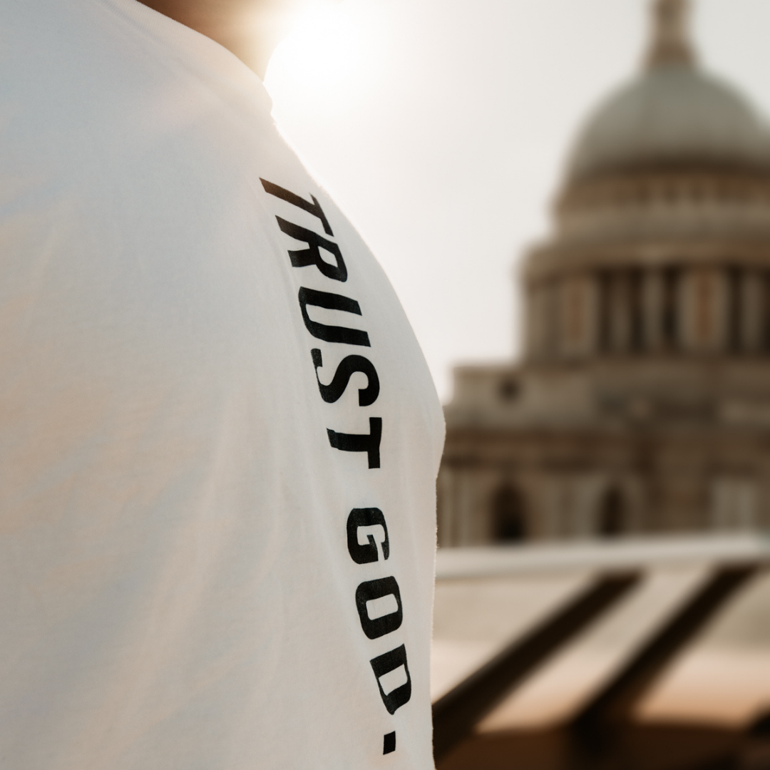 Trust God Crew Neck T-shirt - Christ White and Navy