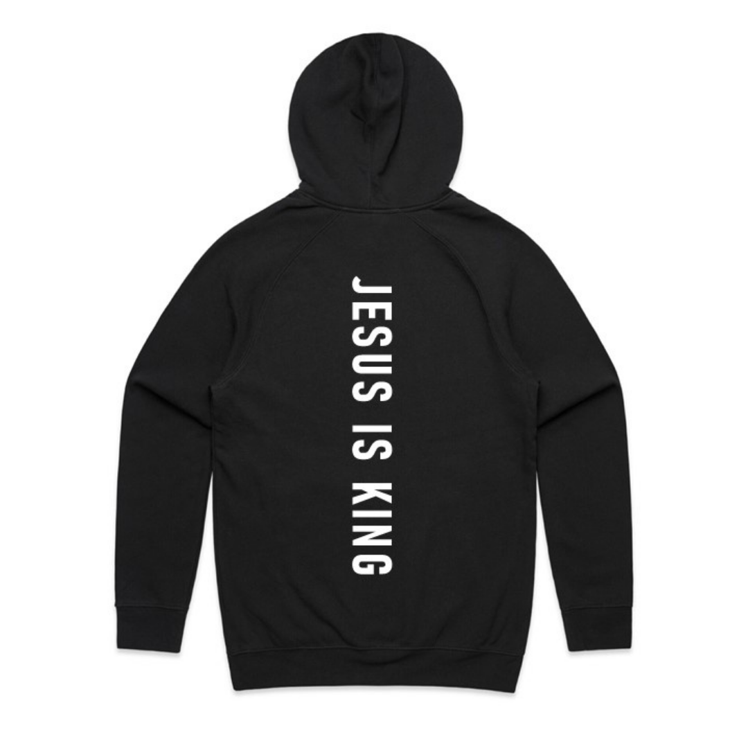 Jesus Is King (Declaration) hoodie black with white text back view