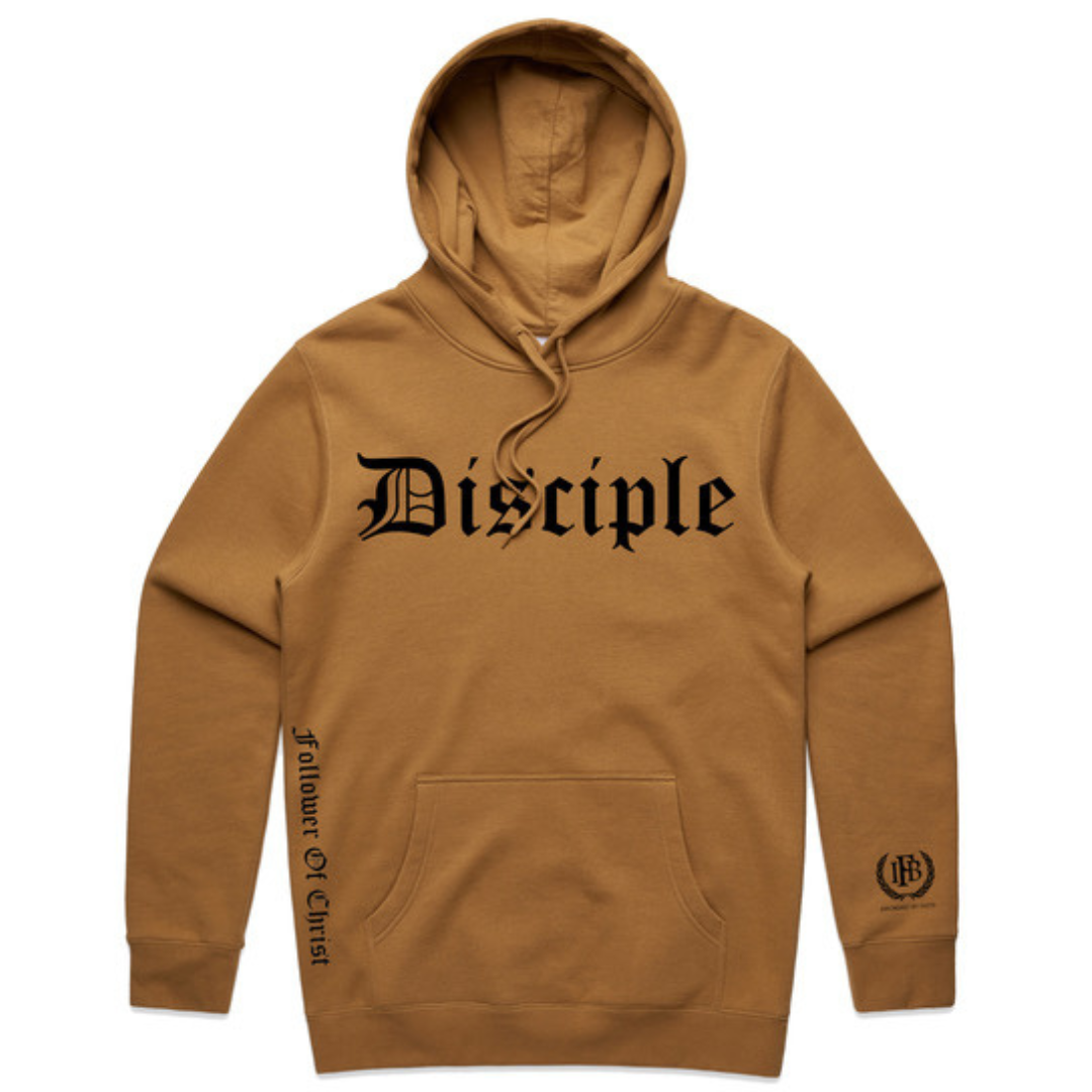 Disciple Hoodie - Toffee with Black. Cosy and comfy cool weather favourite.