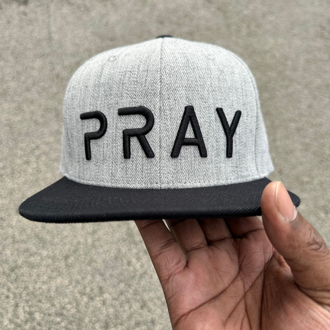 PRAY SnapBack Hat/Grey with Black. Contrast colour hat, black visor, and black top button.