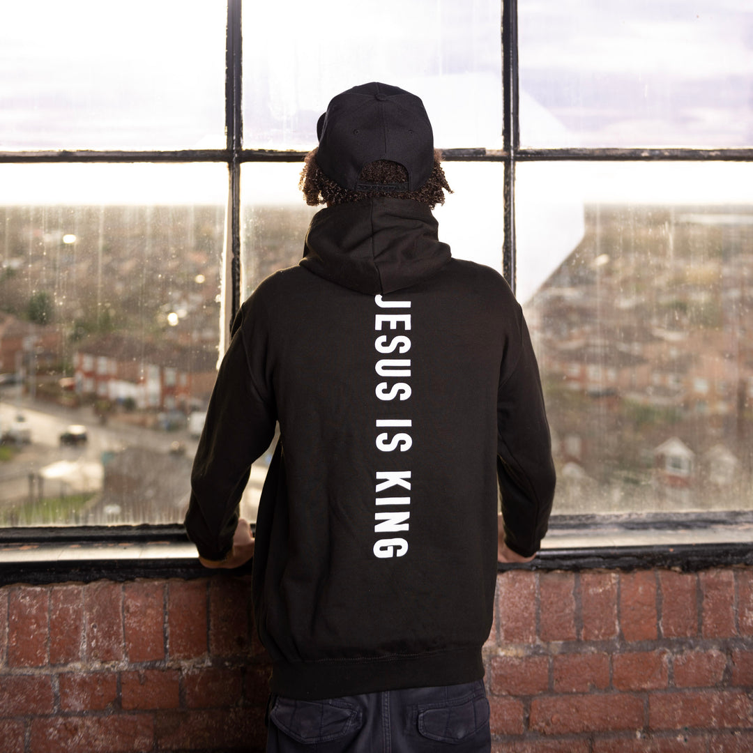 Jesus Is King (Declaration) hoodie black with white text focused view